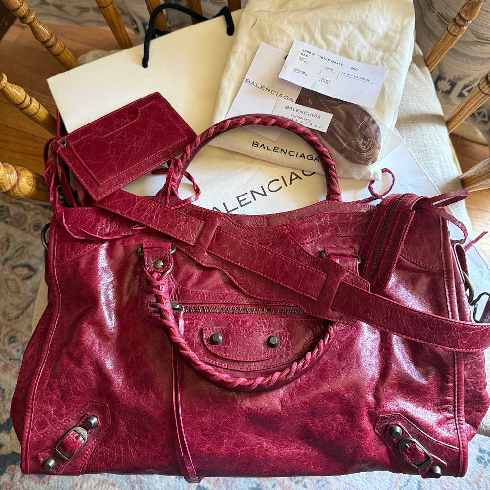 BALENCIAGA 2005 City Moto Bag, Rouge Theatre (Red), Chevre Leather w/Spare Strap